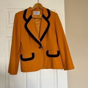 Vintage 100% Wool Women's Bright Yellpw Blazer with Black Trim